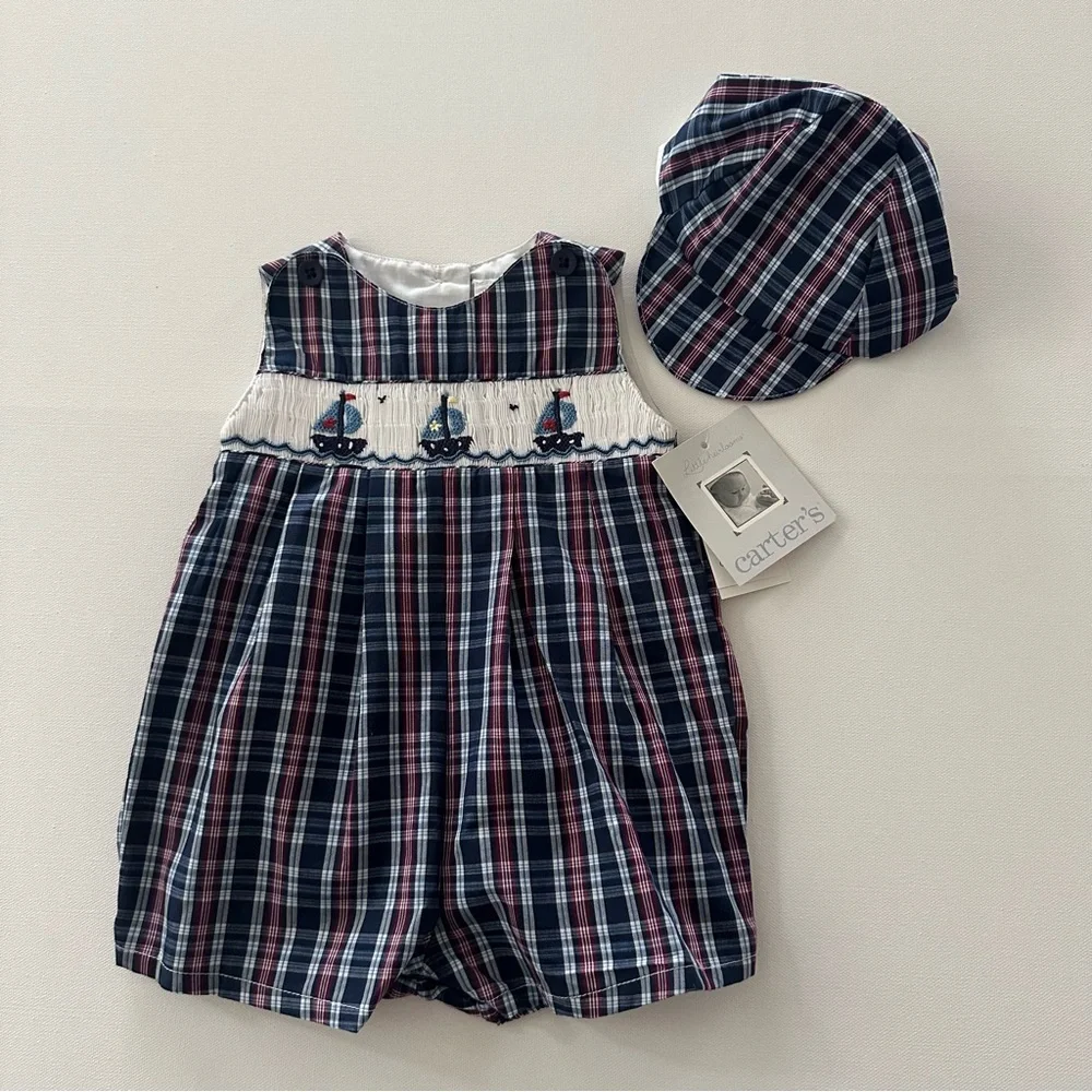 Carter's Vintage 3-6 Months Baby Boy Sailboat Smocked Plaid Romper with Hat NWT
